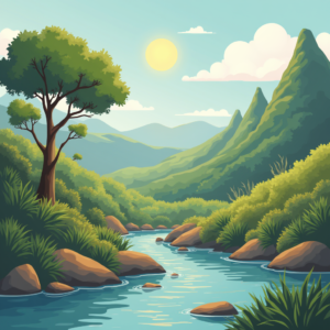 Arte Digital de Paisaje Natural con Río y Montañas ilustrasuralq