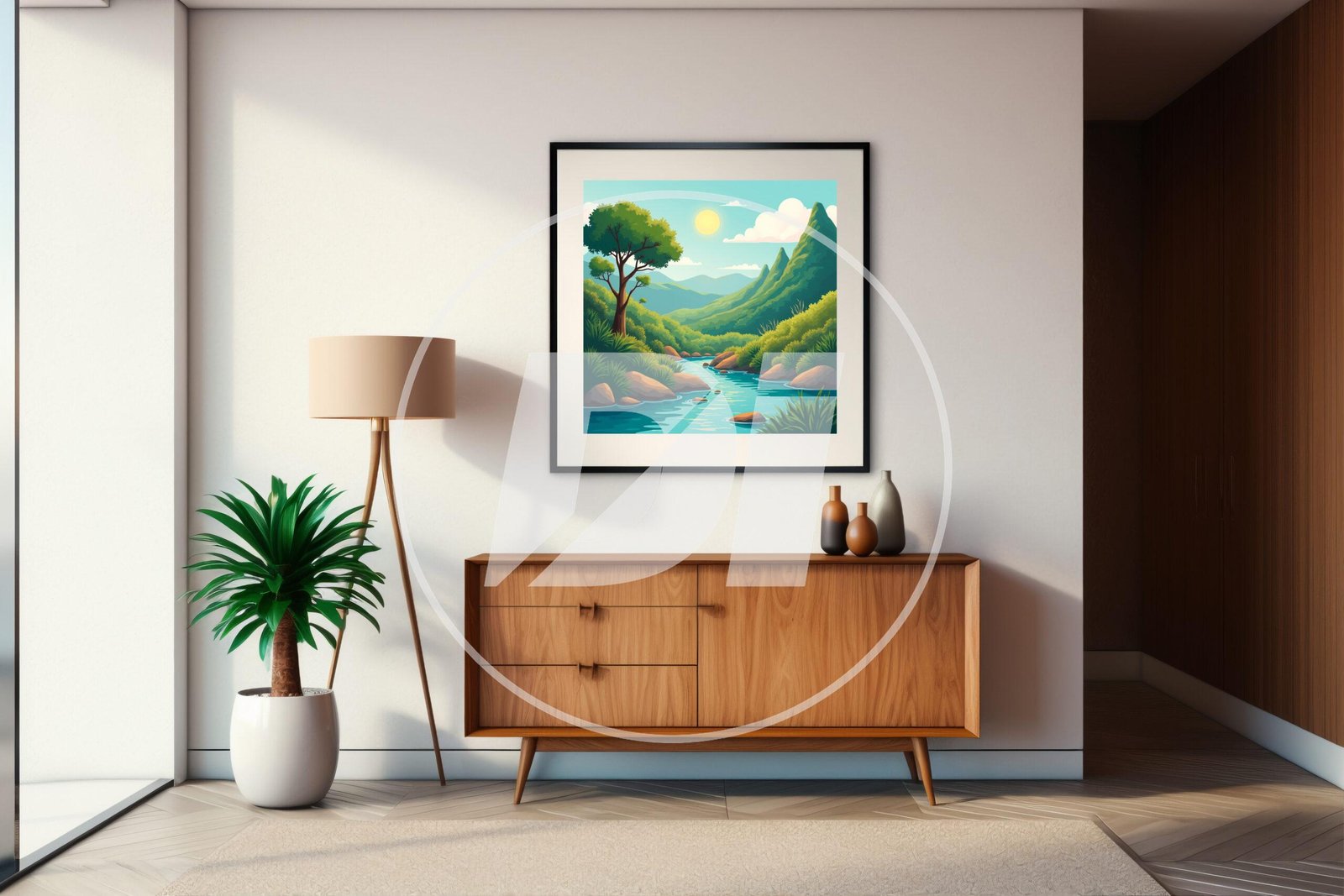 Arte Digital de Paisaje Natural con Río y Montañas - Imagen 2