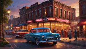 Escena Retro de Ciudad con Coches Clásicos ilustrasuralq