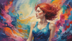 Ilustración Digital de Mujer con Cabello Rojo y Fondo Abstracto ilustrasuralq