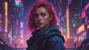 Moda Futurista Retrato en Metropolis de Neón ilustrasuralq