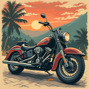 Motocicleta Clásica en Escena de Atardecer ilustrasuralq