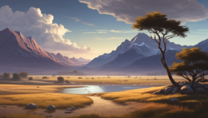 Paisaje Montañoso al Atardecer con Lago y Árboles ilustrasuralq