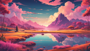 Paisaje de Fantasía con Montañas y Lago ilustrasuralq