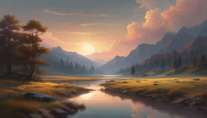 Sereno Río al Atardecer en las Montañas ilustrasuralq