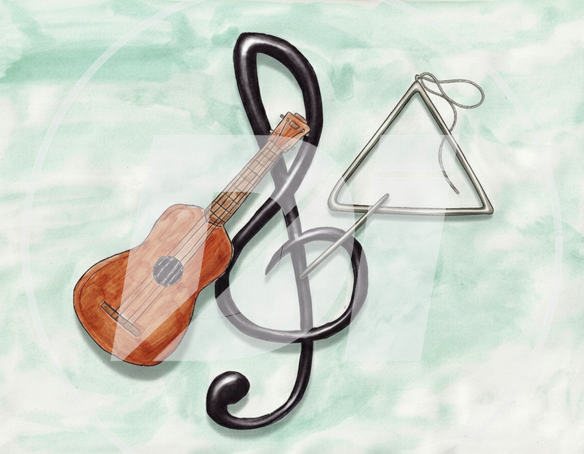 Clave de sol con guitarra y triangulo