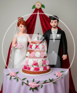 Novios en con tarta nupcial di